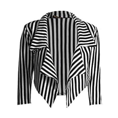 Janisramone New Womens Black White Stripe Print Open Front Waterfall Crop Blazer Jacket Coat