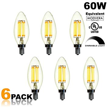 Modvera LED Candelabra Bulb Blunt Tip - 60W Incandescent Equivalent Omni Directional Dimmable Light Bulb - Uses only 5 Watts - Warm White 2700K E12 Filament Chandelier Candle Lamp, UL Listed - 6 Pack