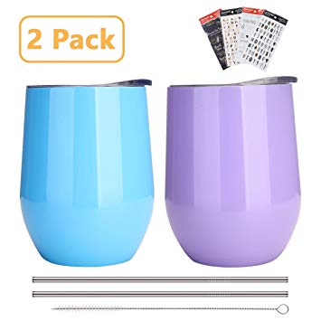 DARUNAXY 12 oz Insulated Stemless Glass, Stemless Wine Glass, 2 Pack Blue and Purple Stainless Steel Wine Tumbler（Come with 2 Stainless Steel Staws, 1 Straw Brush and 4 Letter Stickers)