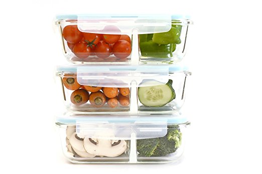 Double Compartment Glass Food Containers (6 Piece Set, 40 Oz, Rectangle) by Western Ridge Products