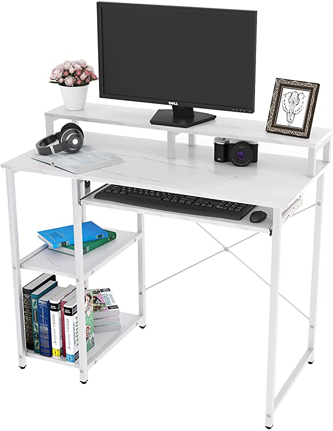 TOPSKY Compact Computer Desk with Storage Shelves/24.5” Keyboard Tray/Monitor Stand Study Table for Home Office (38.6inch, White Marble Texture)