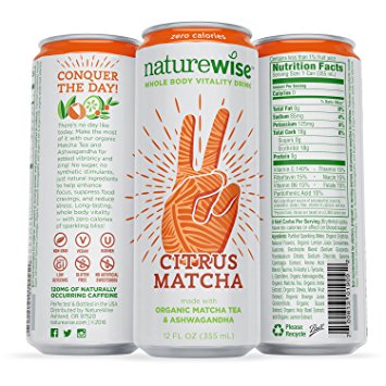 NatureWise Whole Body Vitality Drinks Reduce Stress, Enhance Focus, and Suppress Cravings. Sparkling Organic Citrus Matcha and Ashwagandha, 0 Sugar, 0 Calories, 12 Count