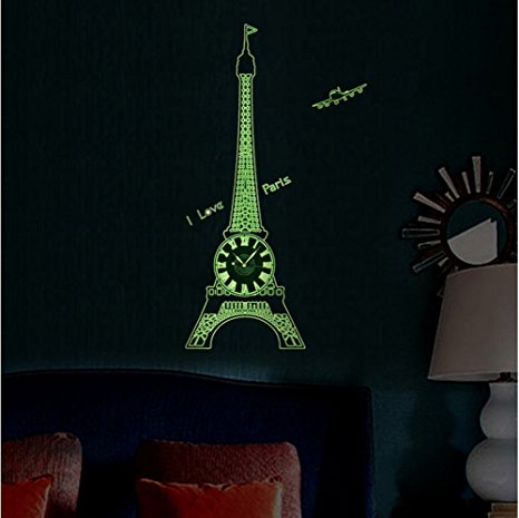 DIY Clock 3D Eiffel Tower And Wall Stickers Glow in the Dark Wall Home Decoration Non-Ticking Silent Wall Clock la Tour Eiffel Multi-Function Clock Decor (Eiffel Tower)