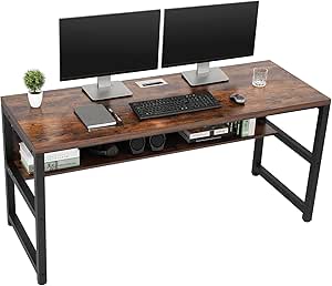 TOPSKY Computer Desk with Bookshelf/Metal Hole Cable Cover 1.18" Thick Desk (Rustic Brown, 63")