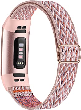 GBPOOT Elastic Nylon Bands Compatible with Fitbit Charge 4/Charge 3/SE, Adjustable Stretchy Breathable Fabric Sport Replacement Wristband for Women Men,Pink Sand