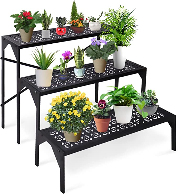 aboxoo 3 Tiers Metal Plant Stand, Ladder Flower Pots Holders, 3 Tiers Step Plant Display Rack, Heavy Duty Utility Storage Organizer Rack for Home Garden Patio Balcony, Stair Style Plant Stand