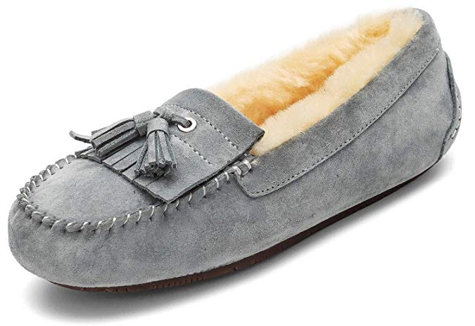 Newbely Women's Genuine Leather Moccasin Slippers Lined with Natural Wool (5-10 M US)