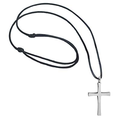 555Jewelry Stainless Steel Cross Pendant Adjustable Black Rope Cord Necklace