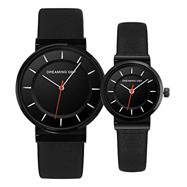 Valentines Black Pair Wrist Watches,Romantic Gifts His and Hers Simple Casual Wristwatches for Men Women,Genuine Leather Strap Set of 2