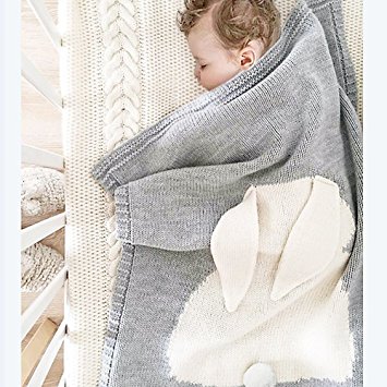 Baby Knitted Cotton Blanket, 30"x40" Cuddle Sheet for Newborn /Infant /Kids, Thick /Soft /Cozy, Double Layer, Breathable, Felt Bunny Ears (Grey &White)