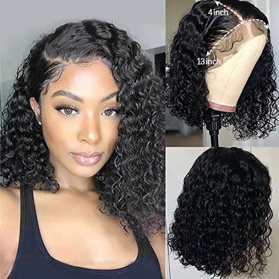 ISEE Hair 10 Inch Short Bob Wigs Deep Wave Lace Frontal Human Hair Wigs Brazilian Virgin Human Hair Wigs for Black Women Glueless Pre Plucked with Baby Hair Natural Black 150% Density