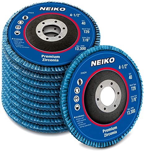 Neiko 11142A Premium Zirconia Flap Disc | 4.5" x 7/8-Inch, 40 Grit, Bevel Type #29-10 Pack