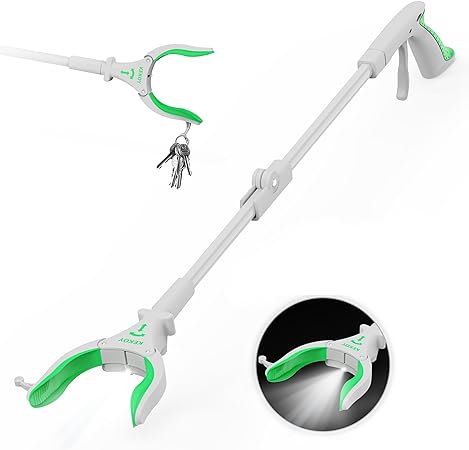 Kekoy 32'' Reacher Grabber Tool, Reachers for Disabled & Seniors Heavy Duty with LED Light, Foldable Reacher Grabber Pickup Tool, Magnetic Tip Arm Extension Trash Claw Grabber Tools (Grey Green)