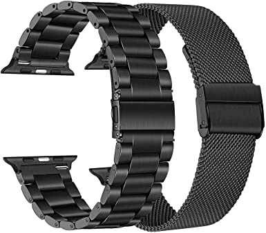 Band Sets for Apple Watch 45mm 44mm 42mm Black Men, TRUMiRR 2 Pack Solid Stainless Steel Watchband   Mesh Strap for iWatch SE Series 7 6 5 4 3 2 1 45mm 44mm 42mm