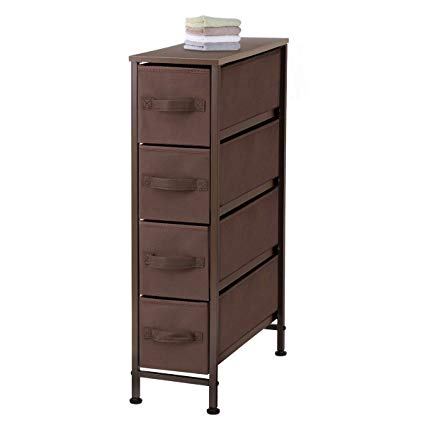 KINGSO Narrow 4 Drawer Dresser Storage Tower Organizer Unit with Sturdy Steel Frame and Easy Pull Faux Linen Fabric Drawers for Bedroom Bathroom Living Room Guest Room Laundry Closets, Brown