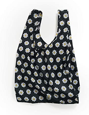 BAGGU Standard Reusable Shopping Bag, Ripstop Nylon Grocery Tote or Lunch Bag, Black Daisy