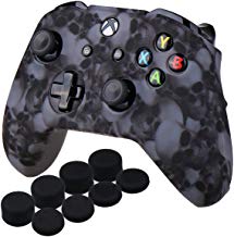 YoRHa Water Transfer Printing Skull Silicone Cover Skin Case for Microsoft Xbox One X & Xbox One S controller x 1(grey) With PRO thumb grips x 8