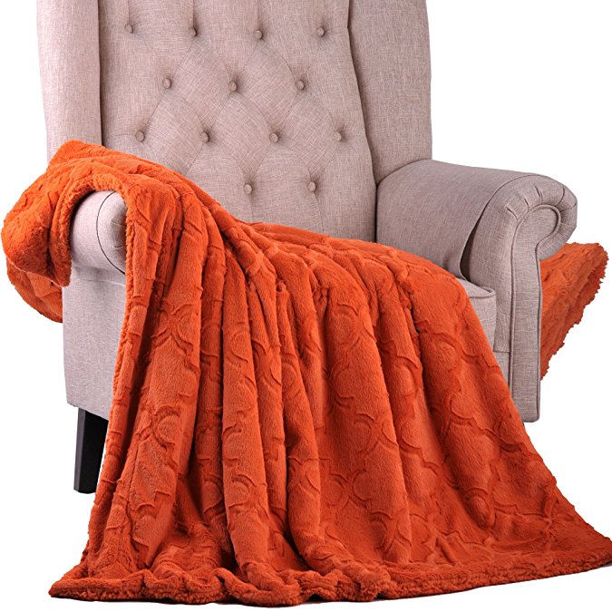 BOON Brushed Faux Fur Ashley Throw with Sherpa Backing, 50" x 60", Burnt Orange