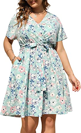 Nemidor Womens Casual Plus Size Summer Boho Swing Wrap Dress Floral Print with Pockets NEM295