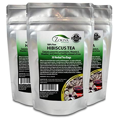 Hibiscus Tea Bags 3-Pack 100% Pure (90 premium bags) bursting with all-natural antioxidants by Zokiva Nutritionals