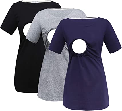 Bearsland Women's 3 Packs Cotton Maternity Nursing Tops Short Sleeve Breastfeeding Shirts