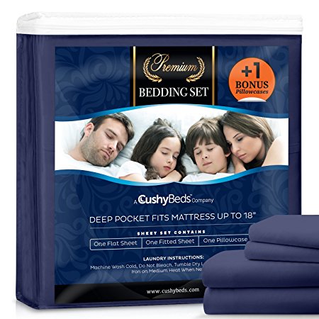 Premium Bed Sheet Set by CushyBeds - Brushed Microfiber 1800 Bedding - Hypoallergenic, Wrinkle, Fade, Stain Resistant - 4 Pieces Includes 1 BONUS Pillow Case (Twin, Navy Blue)