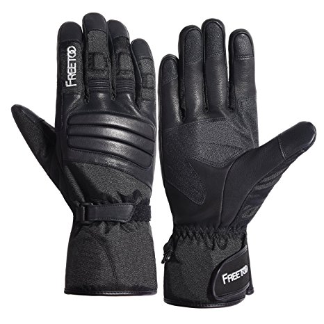 Winter Ski Gloves, FREETOO Waterproof Thinsulate Thermal Warmest Winter Snow Gloves with Gauntlet-style Goat Leather and Touchscreen for Men Skiing Snowboarding Motorcycle Work etc.