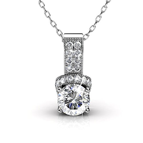 Cate & Chloe Laya Ruler 18k White Gold Swarovski Pendant Necklace, Best Silver Halo Necklace for Women, Girls, Ladies, Special-Occasion-Jewelry, Pave Round-Cut Swarovski Crystals 18" Chain Necklaces