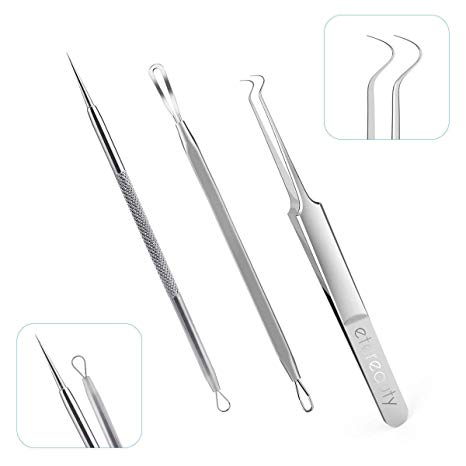 Blackhead Remover, ETEREAUTY Comedone Extractor Tool Precision Blackhead Curved Tweezers for Blemish, Whitehead Popping, Zit Pimple Acne Blemish Removal - 3 PCS
