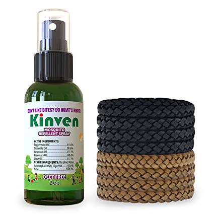 Kinven Anti Mosquito Repellent Bundle - Mosquito Repellent Bracelet & Insect Spray, Waterproof, Natural, DEET-free, Indoor & Outdoor Protection (2oz spray bottle   8 bracelets, Brown/Black)
