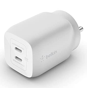 Belkin 65W GaN Dual USB C PD 3.0 Fast Charger with PPS Technology, Compact Size, USB-C, Type C Fast Charger for iPhone, MacBook Air, iPad Pro, Pixel, Galaxy, More Devices – White