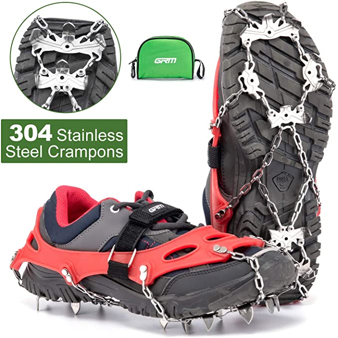 GRM Crampons Ice Cleats with Anti-Slip 304 Stainless Steel Microspikes for Shoes and Boots, Tractions Cleats for Walking, Hiking and Fishing on Ice & Snow, M (Red), L (Black), XL (Black)