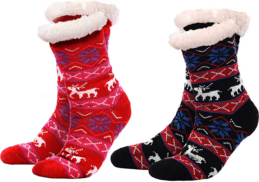 Boao 2 Pairs Women's Warm Slipper Socks Non Slip Fuzzy Socks Fleece-lined Socks Christmas Snowflake Slipper Socks