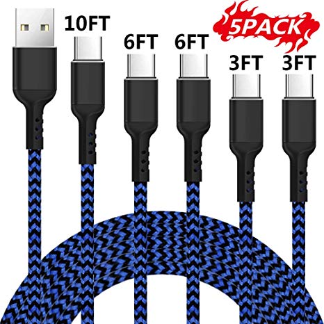 USB Certified Type C Cable,Vinpie 5Pack 3/3/6/6/10FT Nylon Braided Fast Charger USB C to USB A Charging Cable for Samsung Galaxy S9 Note 8 S8 Plus,LG V30 G6 G5,Google Pixel, Moto Z2 and More