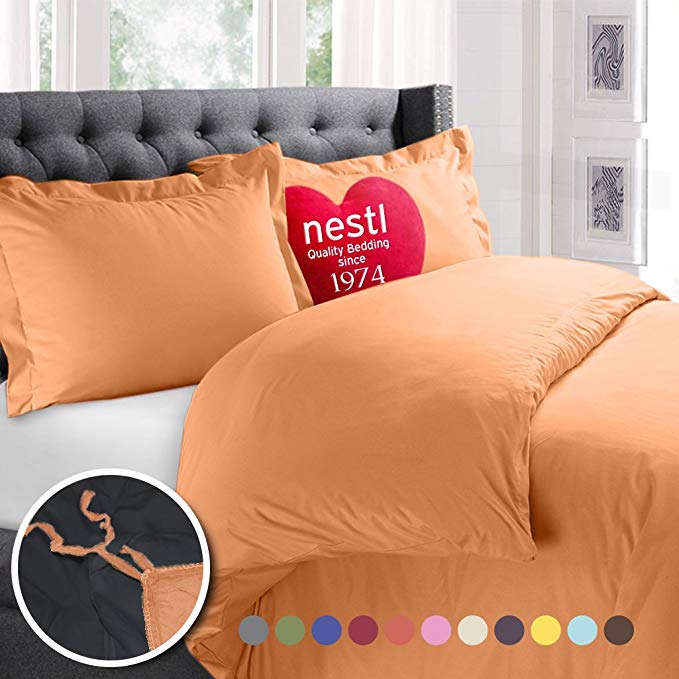 Nestl Bedding Duvet Cover, Protects and Covers your Comforter / Duvet Insert, 100% Super Soft Microfiber, Twin Size, Apricot Buff Orange Color, 3 Piece Duvet Cover Set Includes 2 Pillow Shams