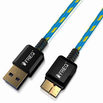 FRiEQ® Hi-Speed Extra Long (6 Ft/1.8m) Nylon Braided Tangle-Free USB 3.0 Male To Micro B Data Cable with Gold-Plated Connectors for Samsung Galaxy Note 3 / Samsung Galaxy S5 (Light Blue/Yellow)