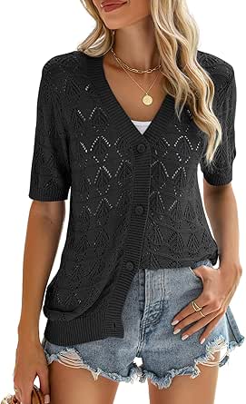 Zeagoo Women's Short Sleeve 2024 Summer Crochet Cropped Cardigan V Neck Button up Bolero Shrug Sweater