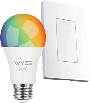 Wyze Bulb Color, 1100 Lumen WiFi RGB and Tunable White A19 Smart Bulb 1-Pack with Wyze Switch, 2.4 GHz WiFi Smart Light Switch 1-Pack