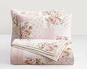 Chezmoi Collection Rosy 3-Piece Printed Patchwork Cotton Quilt Set - Pink Flower Floral Striped Polka Dots - Stone Washed Lightweight Bedspread, King Size