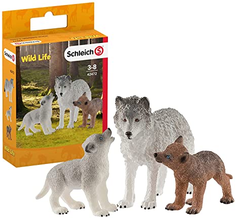 SCHLEICH Wild Life Mother Wolf with Pups 3-Piece Educational Playset for Kids Ages 3-8