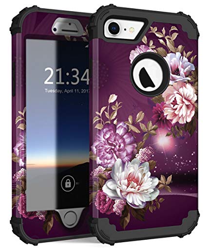 iPhone 8 Case, iPhone 7 Case, Hocase Shockproof Heavy Duty Hard Plastic Silicone Rubber Bumper Full Body Protective Case w/Cute Floral Design for iPhone 8/iPhone 7 - Royal Purple/White Flowers