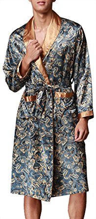 FLYCHEN Men's Floral Silk Robe Lapel Collar Long Sleeve Belt Satin Loose Dressing Gown