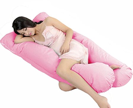 Meiz ZZZ's U Shape Full Body Support Pillow for Side Sleeping - Maternity Pregnancy Pillow - Nursing Pillow with 100% Cotton Double Zipper Pillow Cover (Pink）