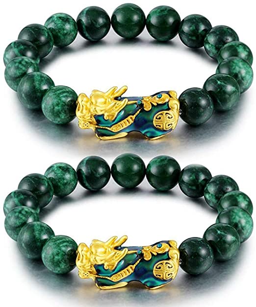 Goldenlight 2 Pcs Pi Xiu Bracelet Feng Shui Green Jade Wealth Bracelet for Women Men Adjustable Elastic