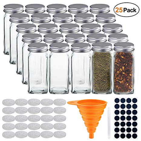 STONEKAE 25 Pcs Glass Spice Jars- Square Glass Containers With Square Empty Jars 4oz, Airtight Cap, Chalkboard & Clear Label, Shaker Insert Tops and Wide Funnel - Complete Organizer Set (白色)