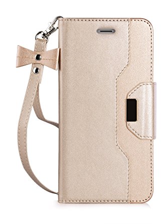 iPhone 7 Plus Case, FYY [RFID Blocking wallet] [Makeup Mirror] Premium PU Leather iPhone 7 Plus Wallet Case with Cosmetic Mirror and Bow-knot Strap Gold Gold