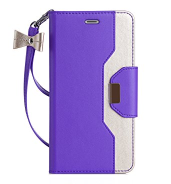 iPhone 6S Case, FYY Premium PU Leather Wallet Case with Cosmetic Mirror and Bow-knot Strap for iPhone 6S/6 Purple Gold