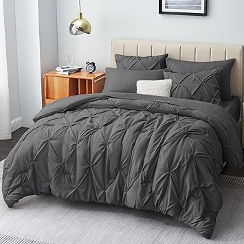 CozyLux California King Comforter Set - Cal King Bed Set 7 Pieces, Pinch Pleat Dark Grey Cali King Bedding Set with Comforter, Sheets, Pillowcases & Shams