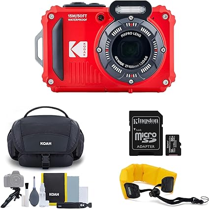 Kodak PIXPRO WPZ2 Rugged Waterproof 16MP Digital Camera with 4X Optical Zoom (Red) with Gadget Bag and Accessory Kit, 32GB UHS-I microSDHC, and Floating Strap Bundle (4 Items)