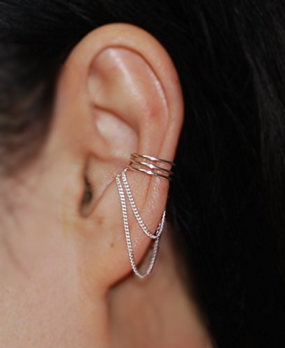 20gauge 3Band Sterling Silver Ear Cuff with Chain, Ear Jacket, Ear Wrap,cartilage earring,no piercing earring / Please select an option.